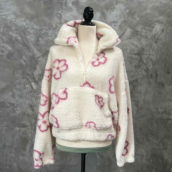 Hippie Rose Sherpa Fleece Floral Pullover 1/4 Zip Up Size Large Boho - Picture 1 of 16